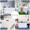Various setups featuring white stretch fitted spandex table covers for birthday, wedding, banquet, and business parties.