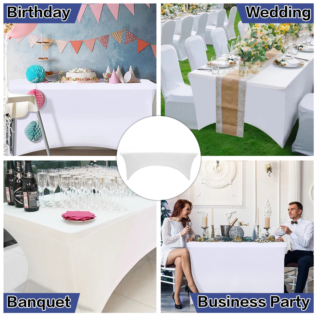 Various setups featuring white stretch fitted spandex table covers for birthday, wedding, banquet, and business parties.