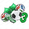 A set of six green and multi-colored soccer themed balloons including a ball and cleats.