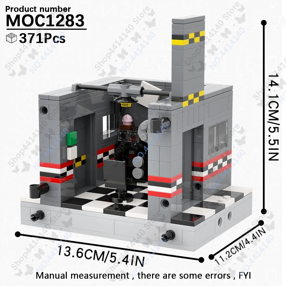 A gray building block model of a Five Nights at Freddy's location featuring a checkered floor and interior details.