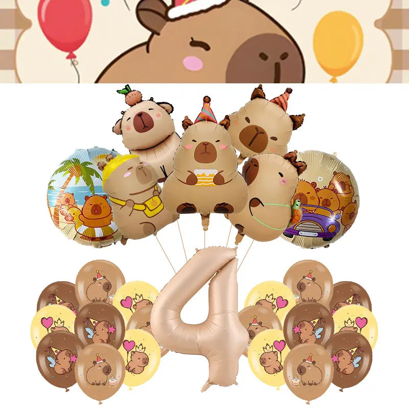 A collection of tan and brown balloons shaped like capybaras for a birthday party decoration kit.