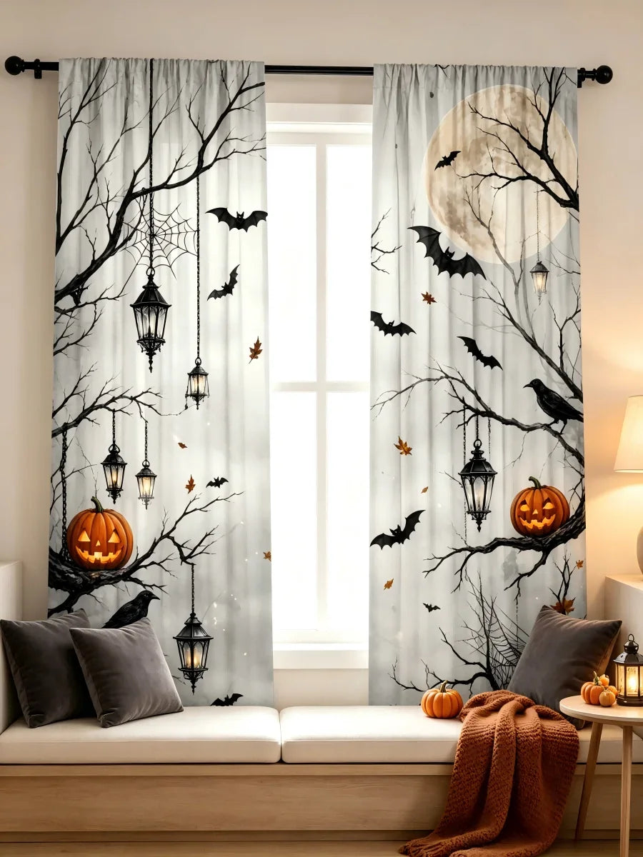 Halloween curtains featuring black tree branches, bats, lanterns, and pumpkins against a light background.