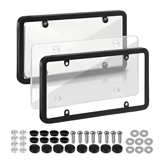 A universal license plate frame with mounting screws and various hardware components for cars and trucks