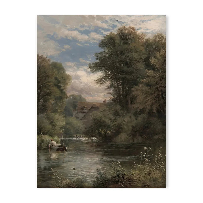 A painting depicting a serene countryside landscape with trees, water, and soft clouds.