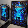 A framed poster featuring a vibrant blue flame design with the text Deltarune