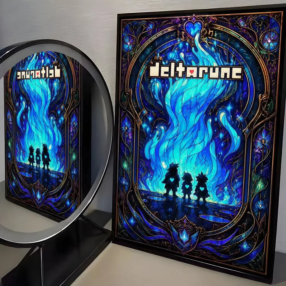 A framed poster featuring a vibrant blue flame design with the text Deltarune