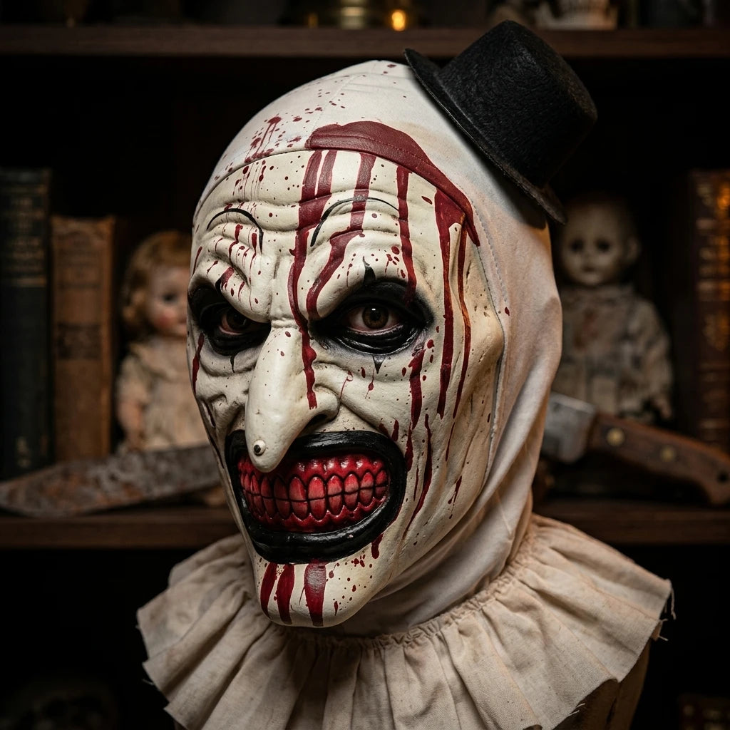 A close-up of a horror clown mask costume with white paint, red drips, and a black top hat.