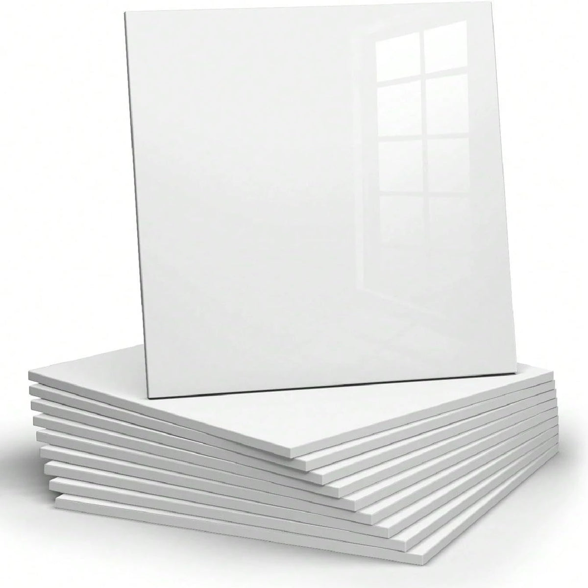A square white marble peel-and-stick wall panel displayed on a stack of white panels.