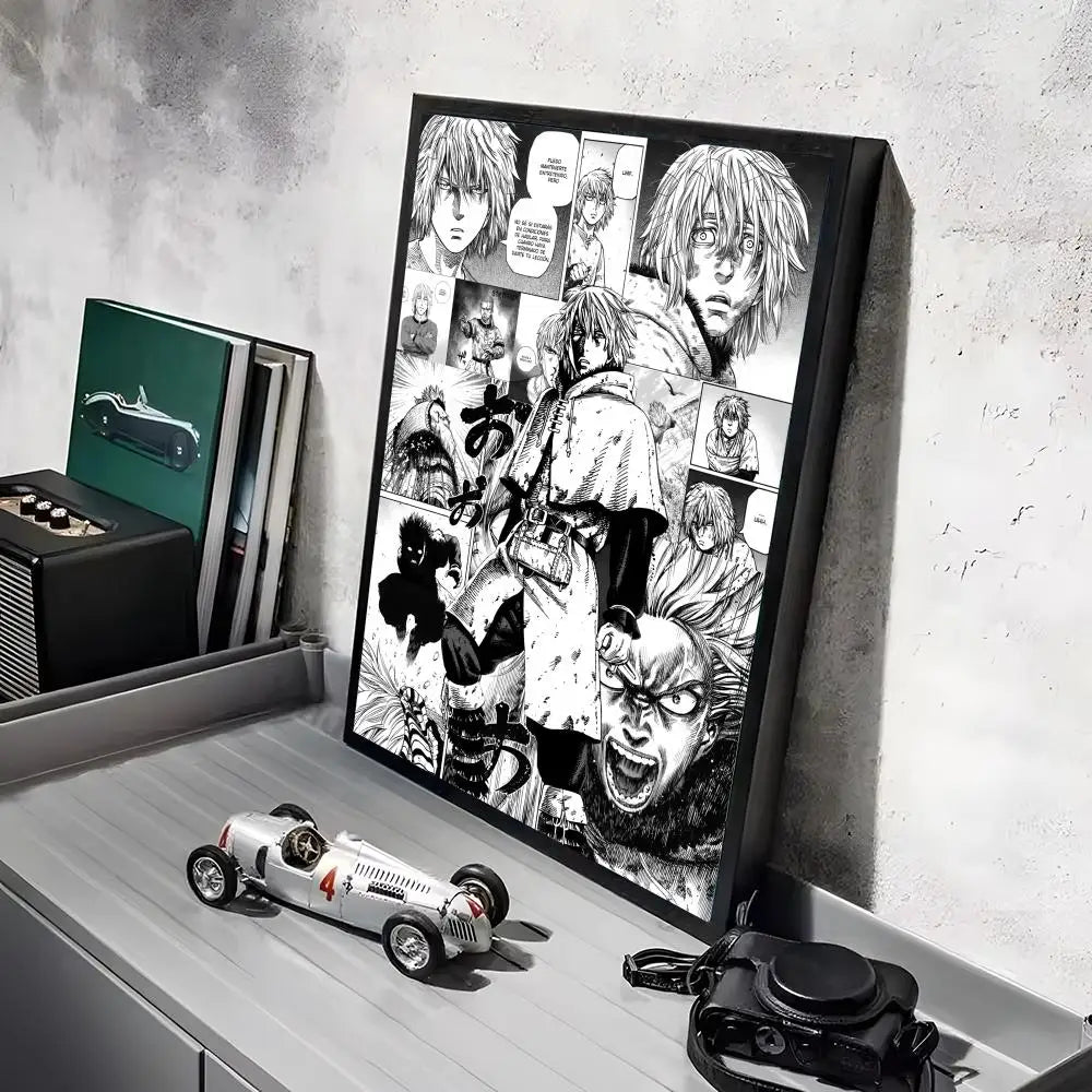 A framed poster featuring characters from Vinland Saga anime, including a close-up of a man's face and other figures.