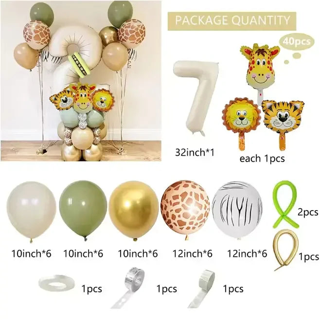 Jungle animal balloon party set featuring a number balloon, various colored balloons, and decorative elements.