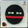 A black plush doll with white and green rectangular eyes and a red band around the neck.