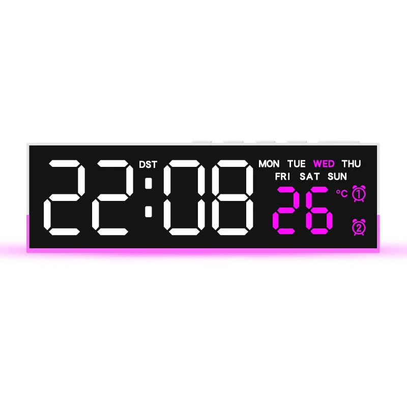 A digital LED alarm clock displaying the time 22:08 and temperature 26 degrees with ambient mood lighting.