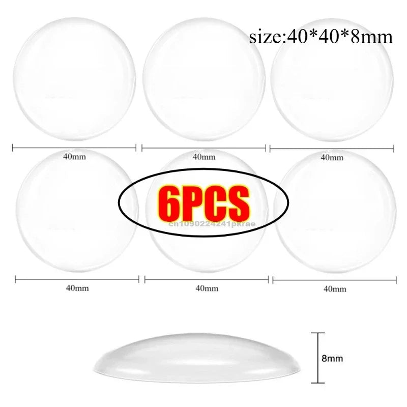 Six self-adhesive silicone door stopper bumpers with a size of 40x40x8mm.
