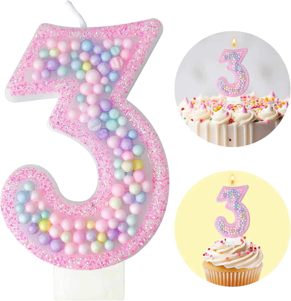 Pink glitter number 3 candle and cupcake set for a birthday celebration