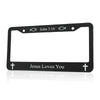 Black aluminum license plate frame with a design featuring John 3:16 and Jesus Loves You