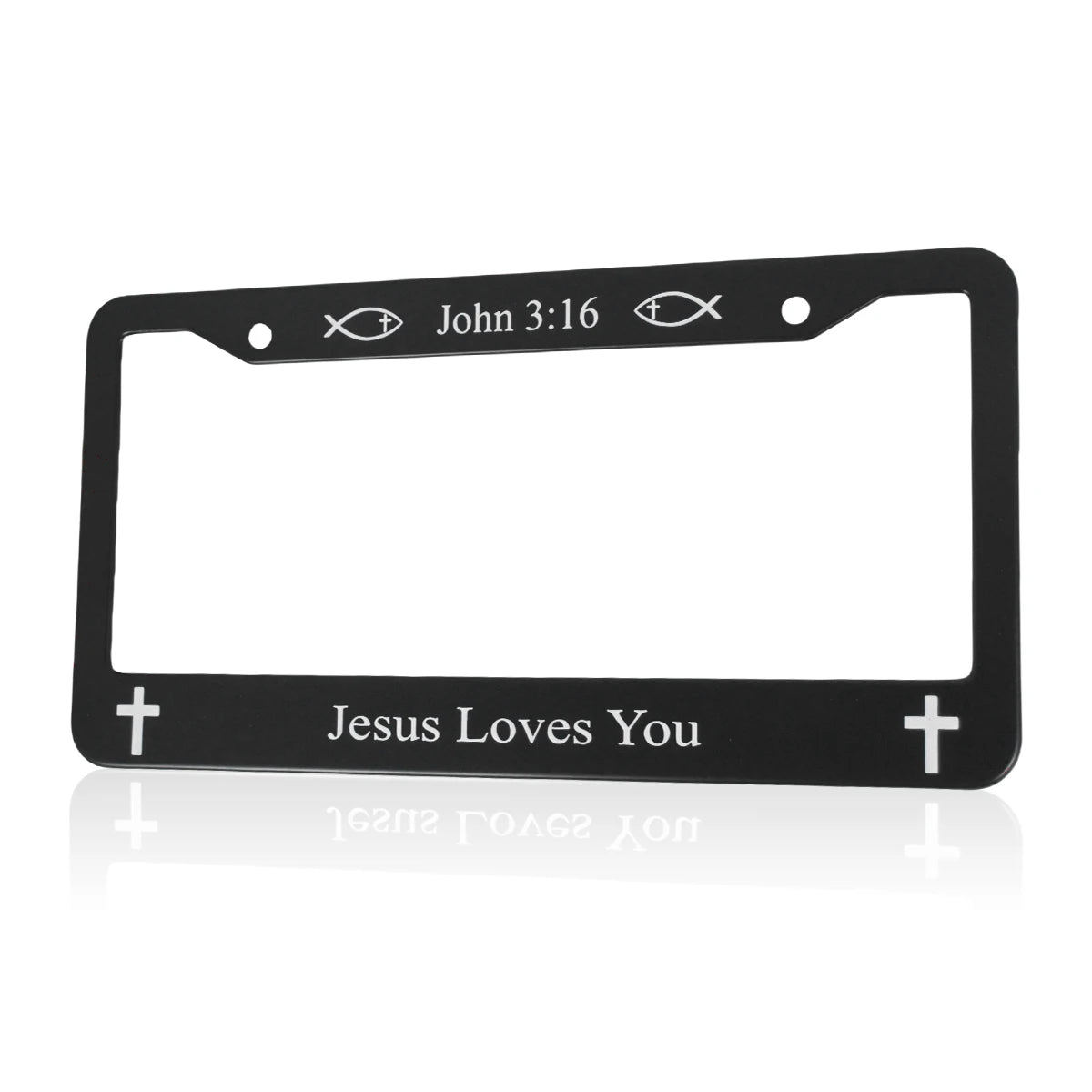 Black aluminum license plate frame with a design featuring John 3:16 and Jesus Loves You