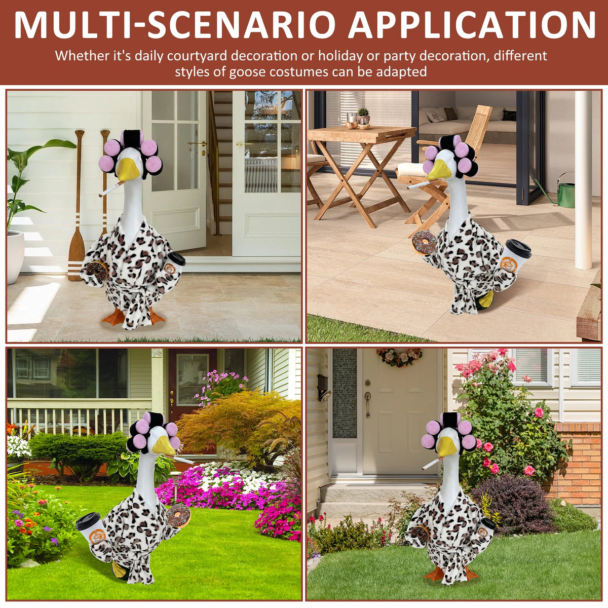 A decorative lawn goose costume set is shown in various outdoor garden and yard settings.