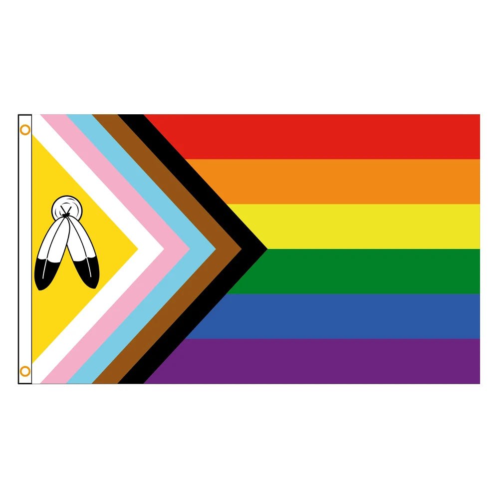 Design de drapeau horizontal avec les rayures du drapeau Pride à six couleurs et un motif chevron, avec un écusson de plume b