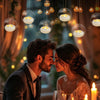 A couple is shown kissing in a dimly lit setting with floating candles above them.