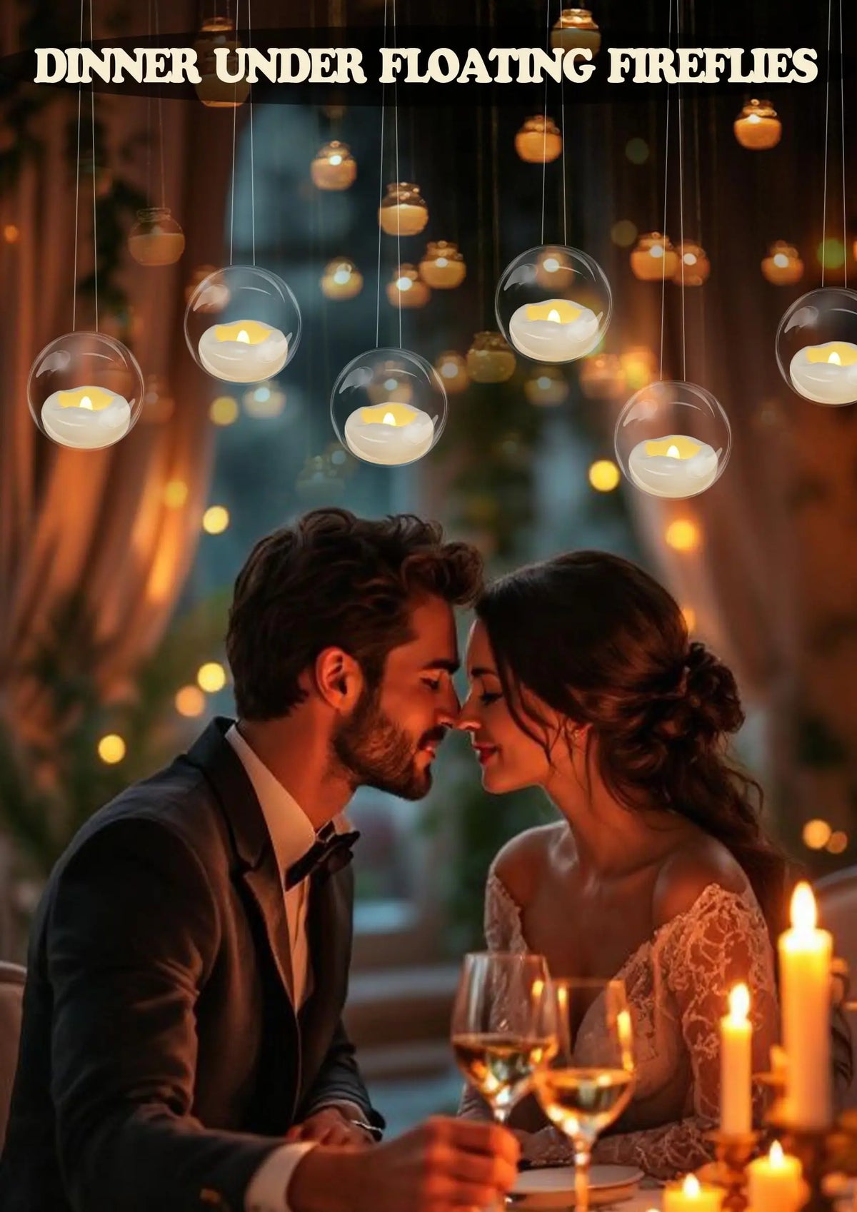 A couple is shown kissing in a dimly lit setting with floating candles above them.