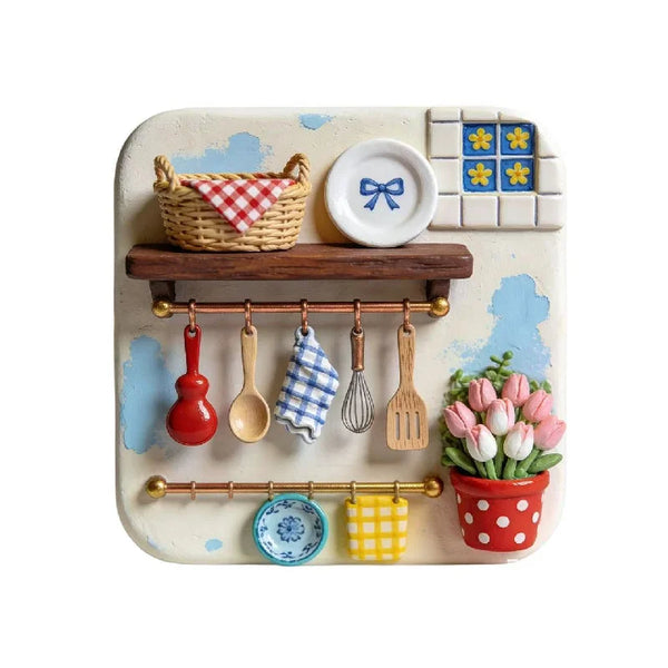A white ceramic tray holds a woven basket, various kitchen utensils, and small decorative items on a light blue background.