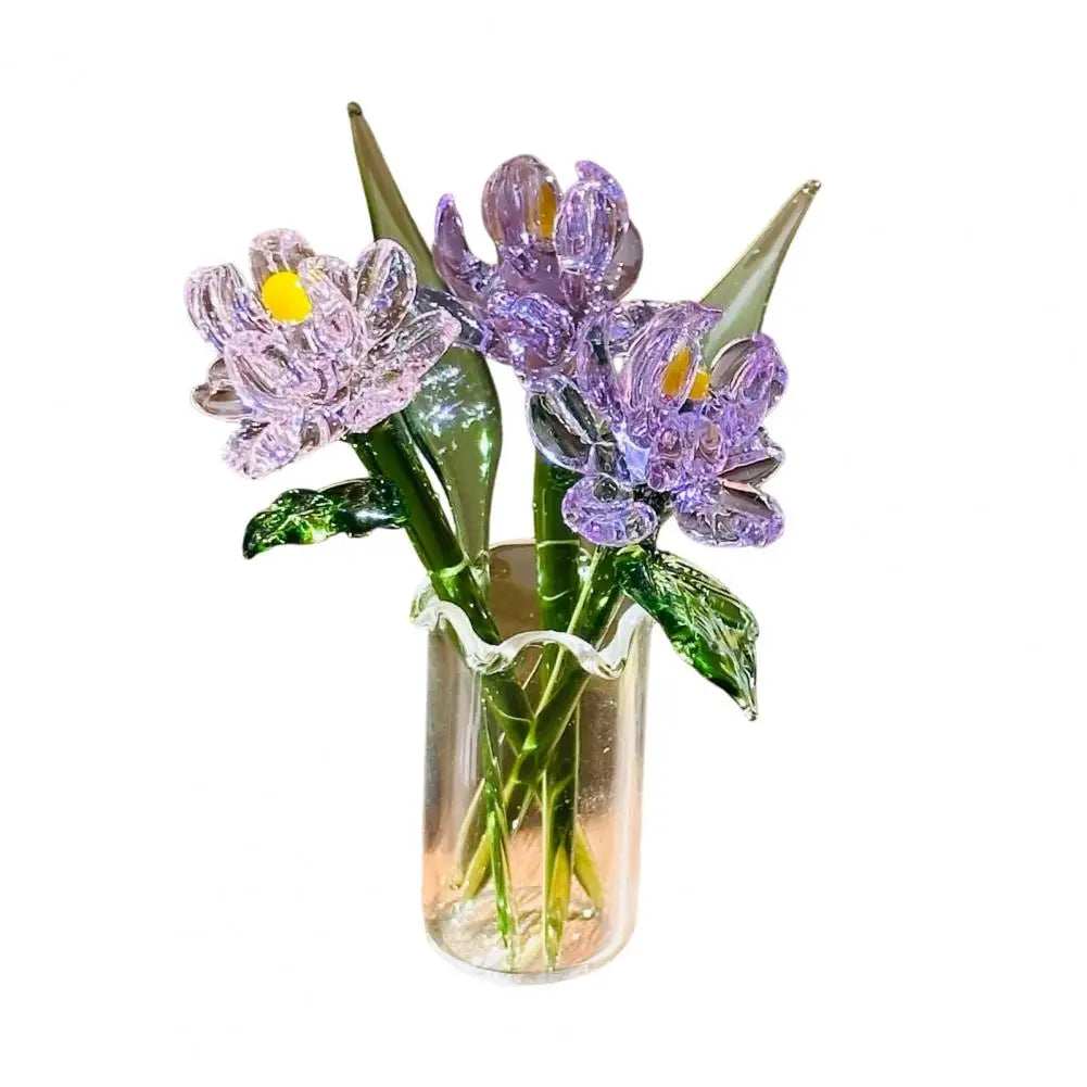 Hand-blown glass flower bouquet featuring purple iris flowers in a clear mini vase