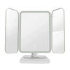 A tri-fold LED makeup mirror with dimmable lighting, featuring three reflective panels.