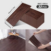 A pack of dark brown wood grain peel-and-stick flooring and wall stickers, showing the material size and application on a woo