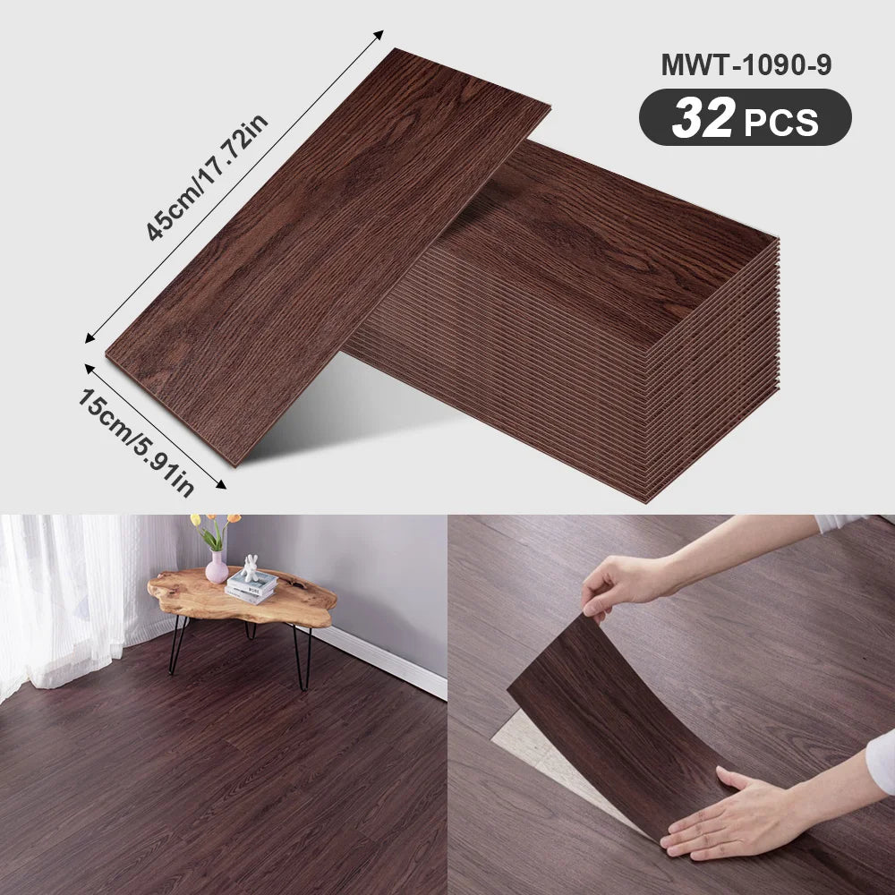 A pack of dark brown wood grain peel-and-stick flooring and wall stickers, showing the material size and application on a woo