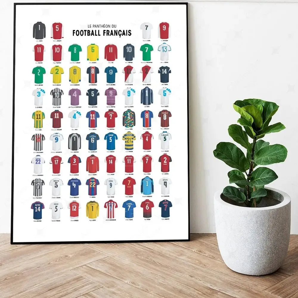 A grid of football jersey numbers in various colors and designs displayed as canvas wall art