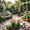 A decorative metal carnivorous flower garden stake with three flower heads growing in a stone pathway surrounded by various c
