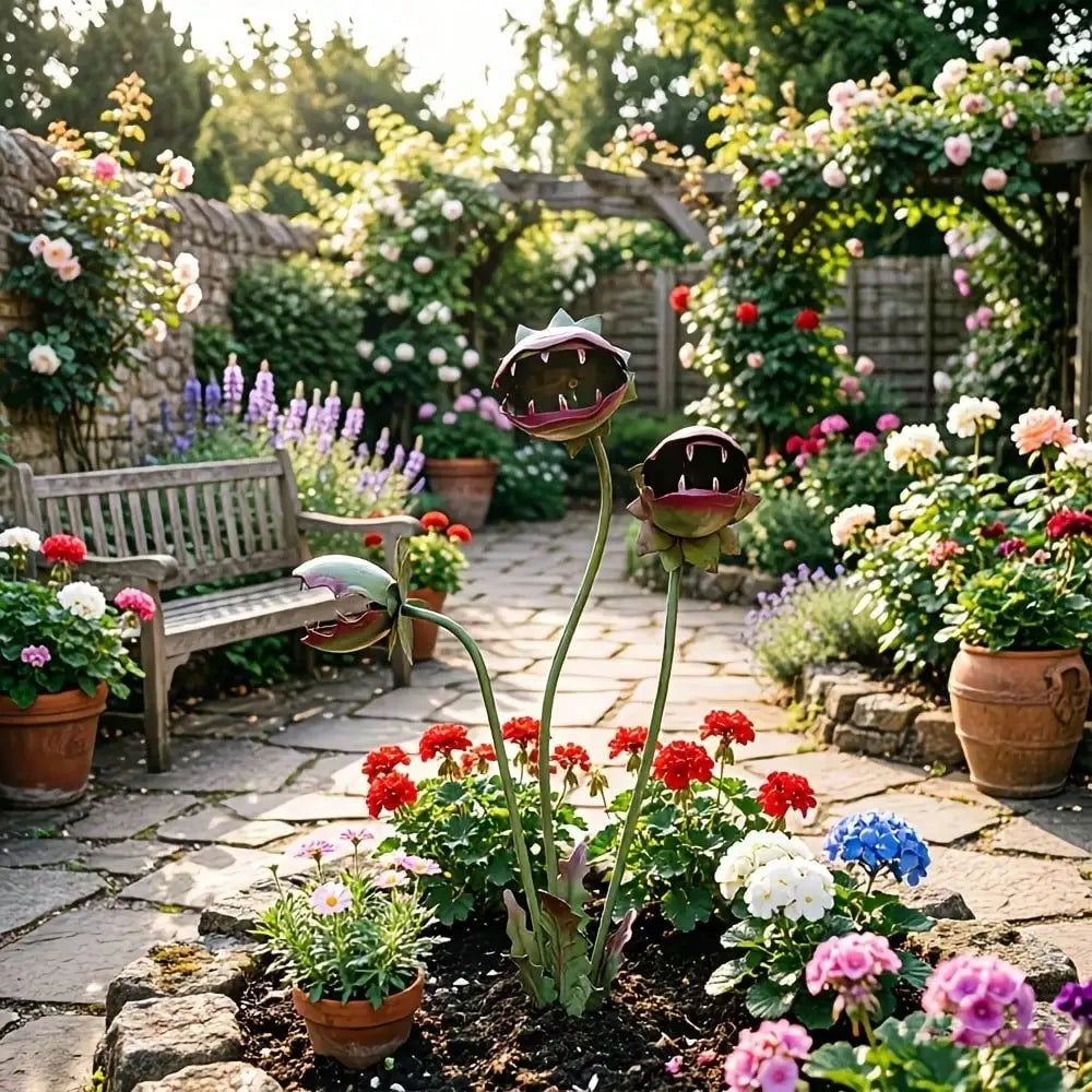 A decorative metal carnivorous flower garden stake with three flower heads growing in a stone pathway surrounded by various c
