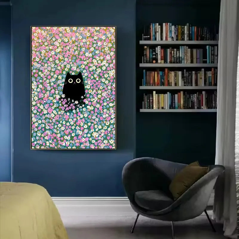 A framed canvas wall art featuring a black cat silhouette against a vibrant pink and green floral background.