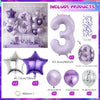 Purple foil balloons shaped like the number 3 and star decorations for themed events