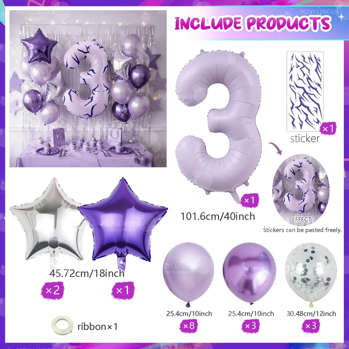 Purple foil balloons shaped like the number 3 and star decorations for themed events
