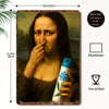 A framed vintage painting of a woman with dark hair touching her nose, featuring an aluminum plaque and pre-drilled holes.