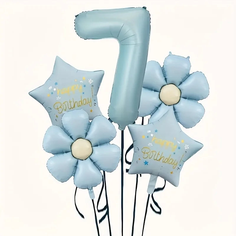 A set of light blue foil balloons shaped like the number 7 and a flower, with text reading Happy Birthday.