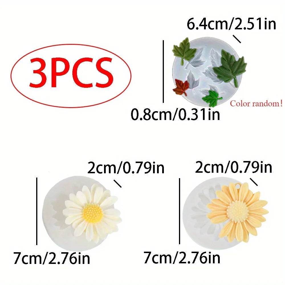 A set of three silicone molds for making fall pumpkin scented candles, shown alongside flower molds.