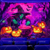 A spooky Halloween-themed tapestry featuring a green wizard with a pointed hat and glowing jack-o'-lanterns in a dark forest 