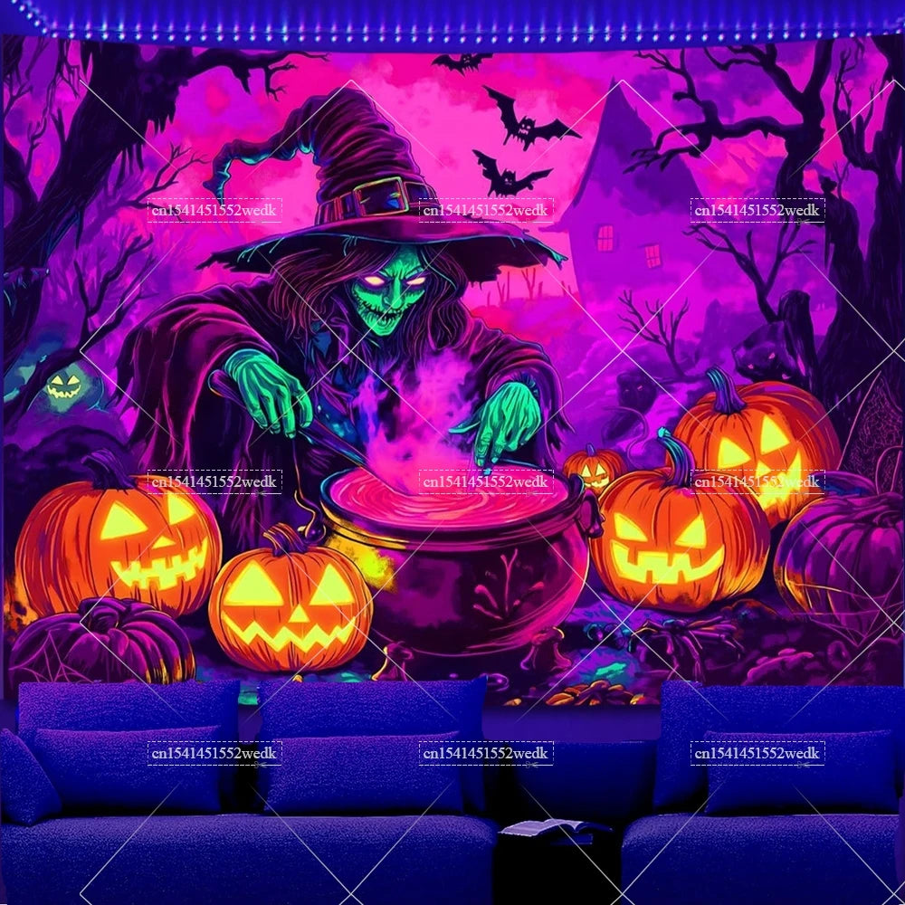 A spooky Halloween-themed tapestry featuring a green wizard with a pointed hat and glowing jack-o'-lanterns in a dark forest 