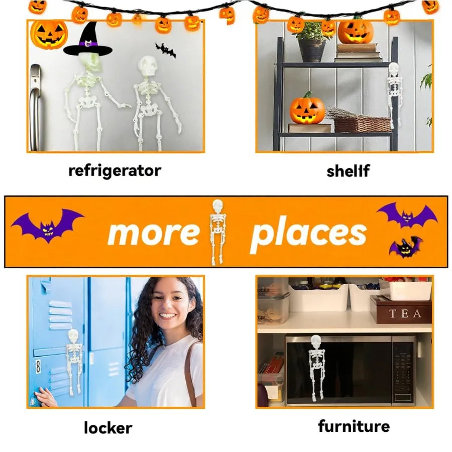 A collection of poseable magnetic skull fridge magnets, a locker, a shelf, and furniture.