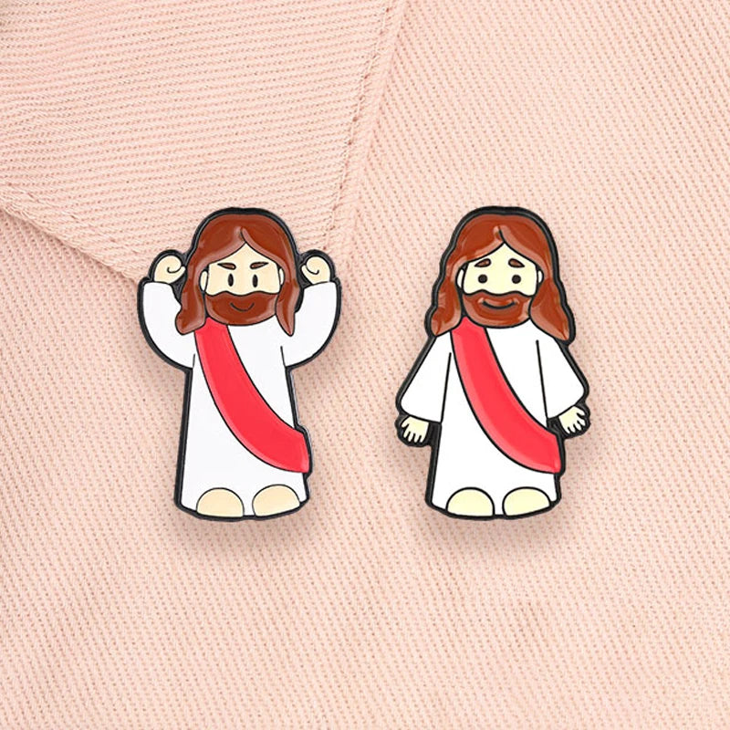 An enamel lapel pin depicting Jesus with a beard and long hair wearing a white garment and a red sash.