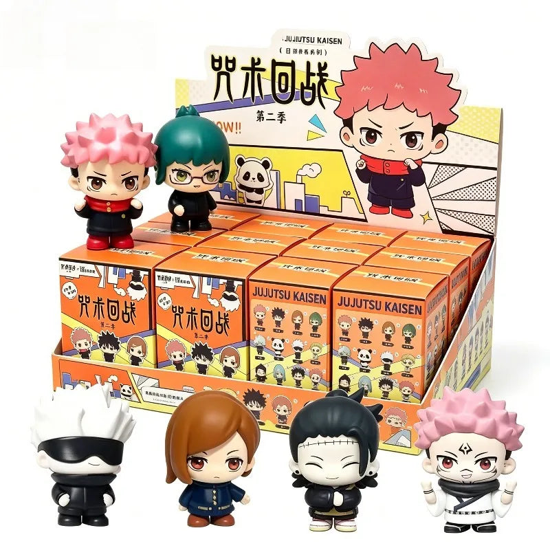 A collection of Jujutsu Kaisen blind box collectible figures featuring characters like Yuji Itadori and Megumi Fushiguro.