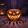 A carved pumpkin jack-o'-lantern sits on a wooden surface surrounded by small spooky Halloween figurines.