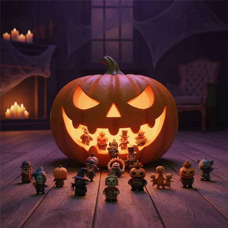 A carved pumpkin jack-o'-lantern sits on a wooden surface surrounded by small spooky Halloween figurines.
