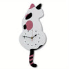 A whimsical black cat pendulum wall clock featuring a stylized cat face and a moving tail.