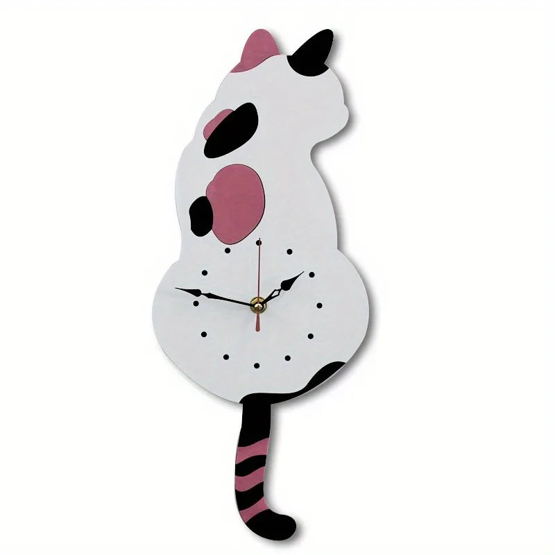 A whimsical black cat pendulum wall clock featuring a stylized cat face and a moving tail.