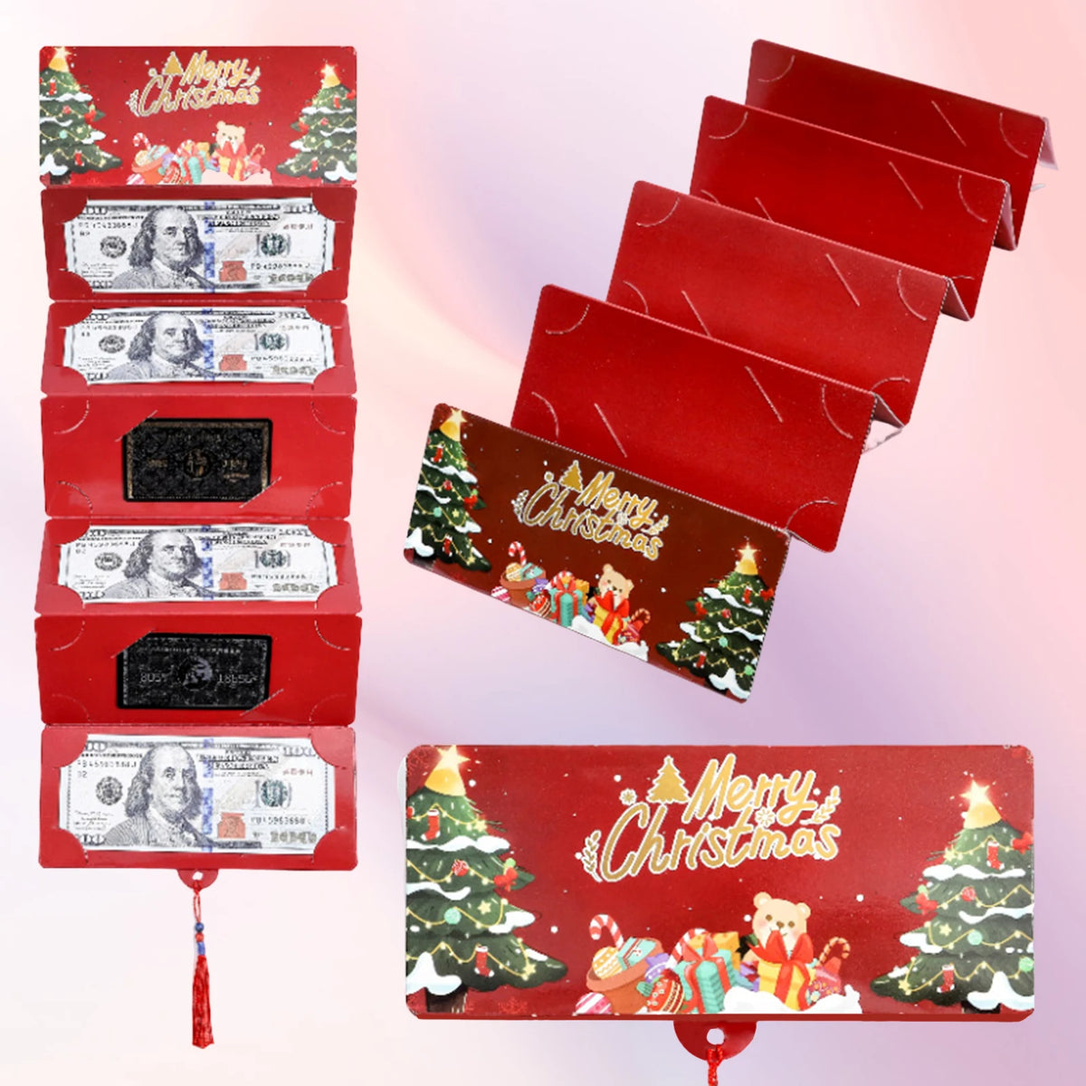 A stack of red cards and envelopes designed to hold cash gifts for Christmas