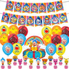 A colorful circus theme birthday party decor set featuring various character figures and banners.