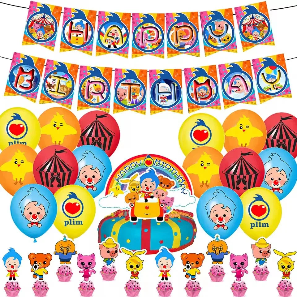 A colorful circus theme birthday party decor set featuring various character figures and banners.